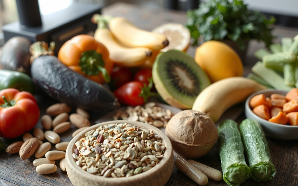Table full of colorful fruits, vegetables, nuts, and supplements representing micronutrients