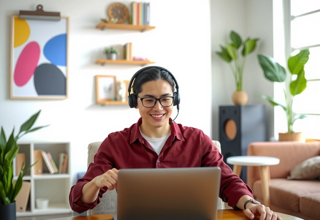 Person nimmt an einer Online-Beratung teil, lächelt in den Laptop-Bildschirm