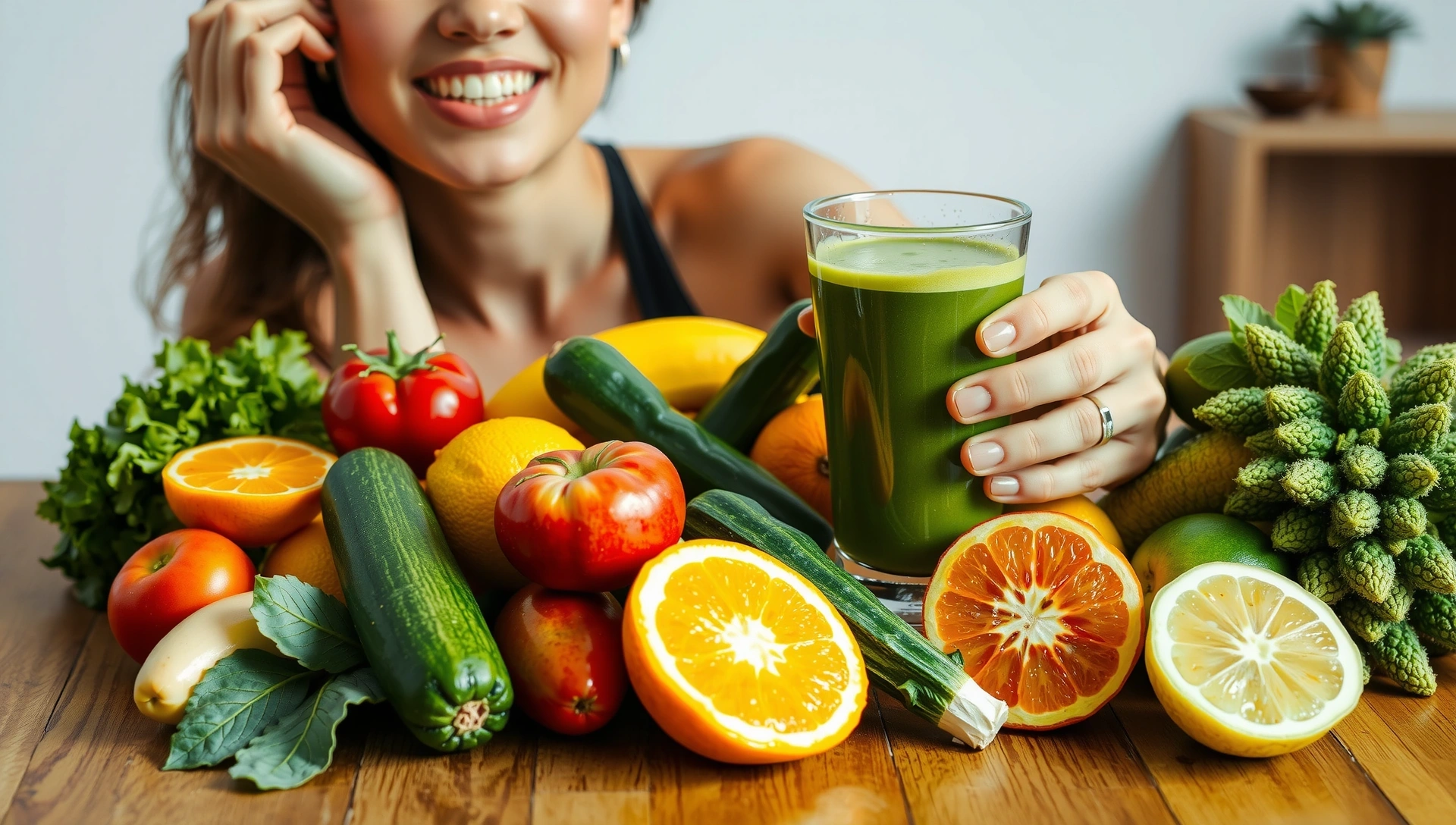 Frische Lebensmittel und eine lächelnde Person, die einen gesunden Smoothie hält